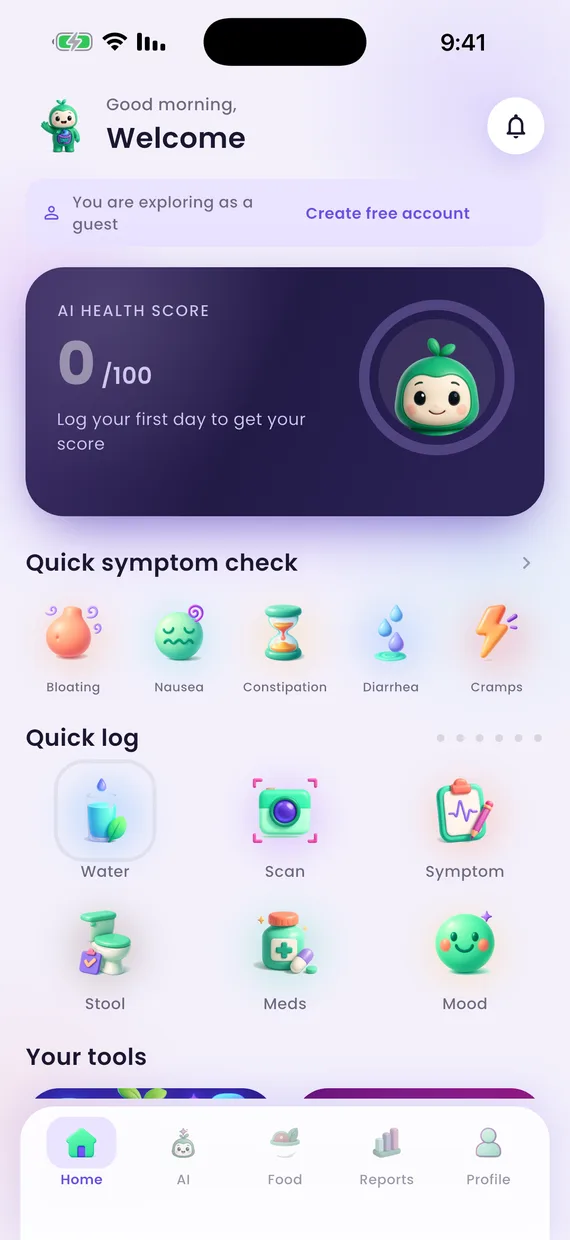 Gutrix AI home screen showing the daily gut score